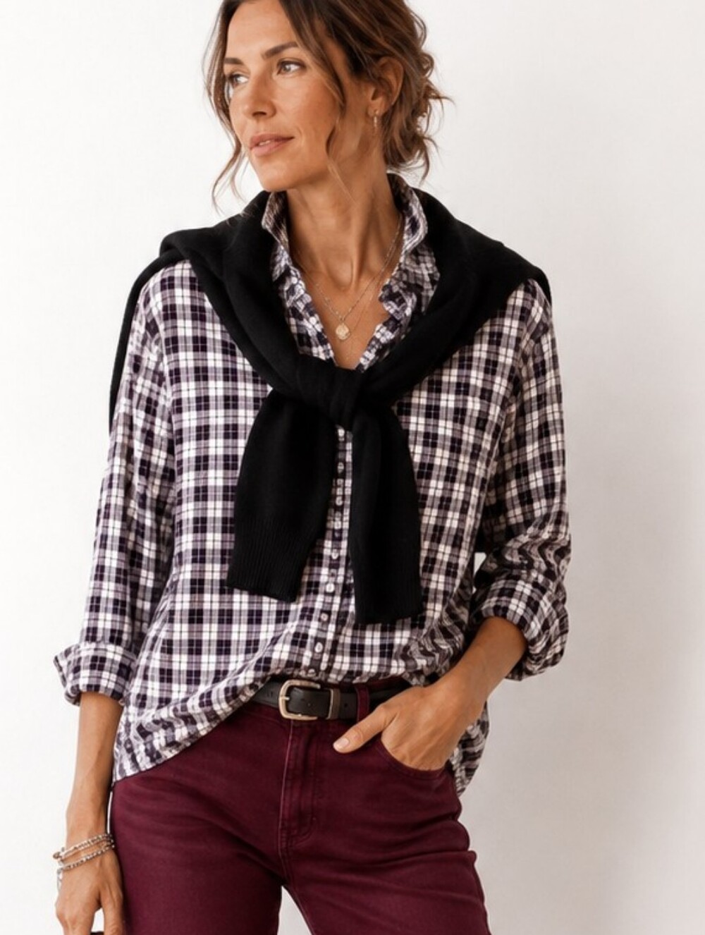Evan Picone Plaid Black and White Button Down